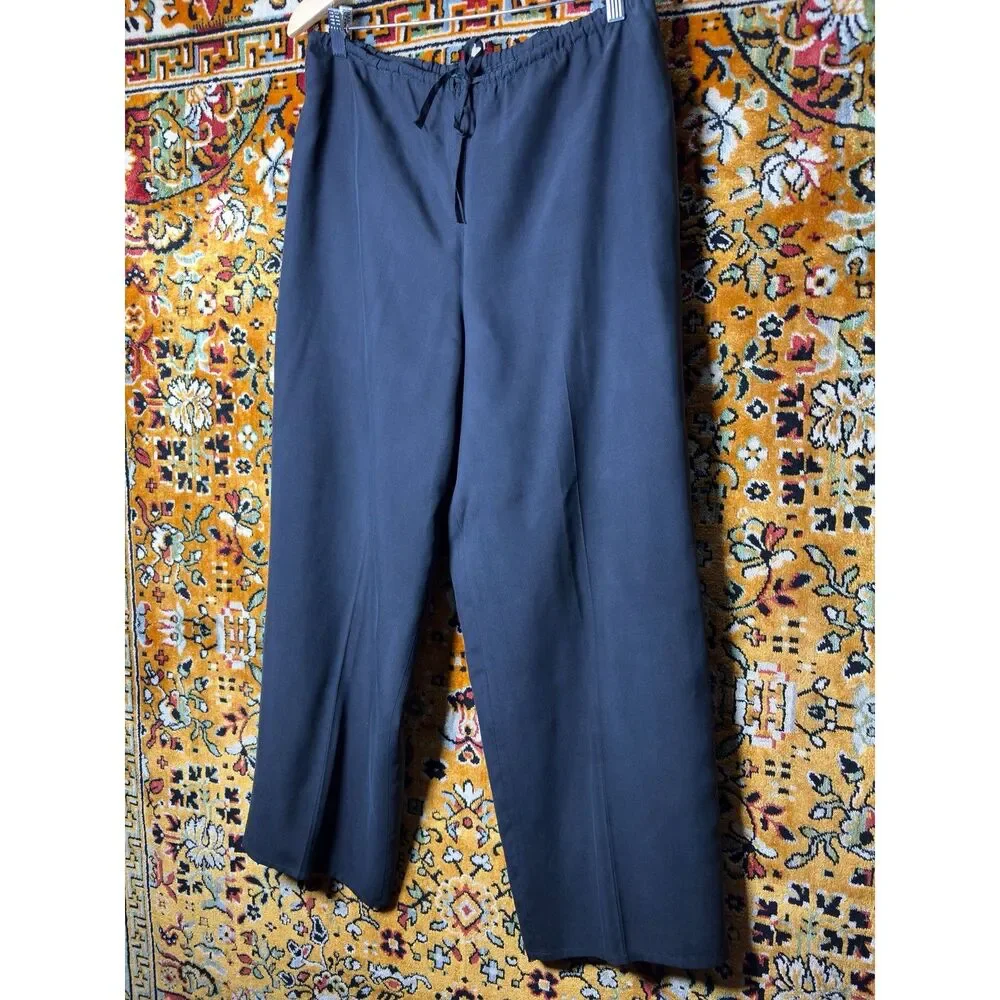 90s Vintage J. Crew Black 100% Silk Wide Leg Pants Drawstring Waist size M